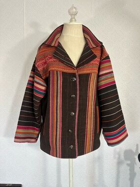 100% wool handmade jacket Striped Multicolor Button-Front Jacket - Brown & Pink